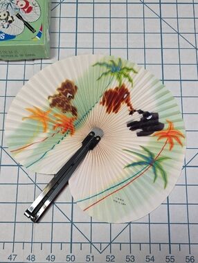 Chinese Paper Folding Hand Fan W/Metal Handle, VTG Mid-Century, #53
